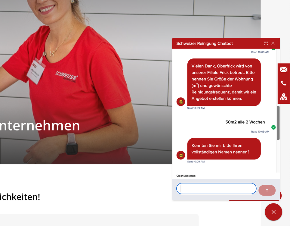 Website von Schweizer Reinigung mit integriertem Chatbot
